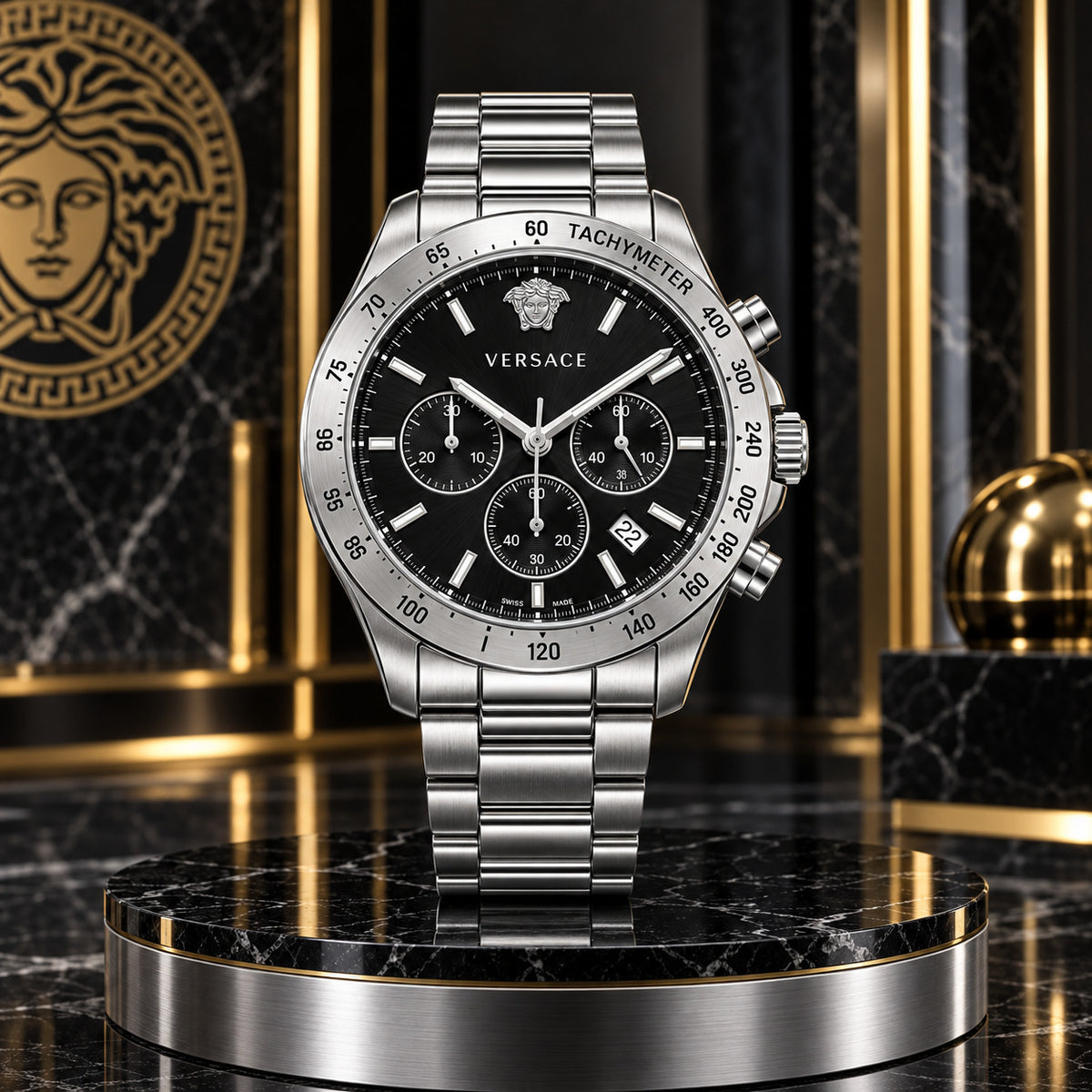 Versace Hellenyium Chronograph Men's Watch – Black / Silver 44 mm – VE2U00322