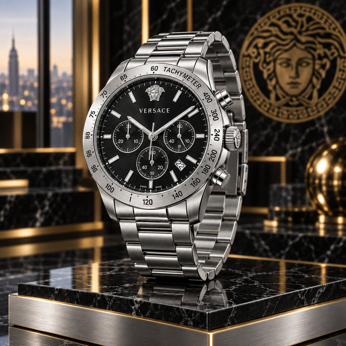 Versace Hellenyium Chronograph Men's Watch – Black / Silver 44 mm – VE2U00322