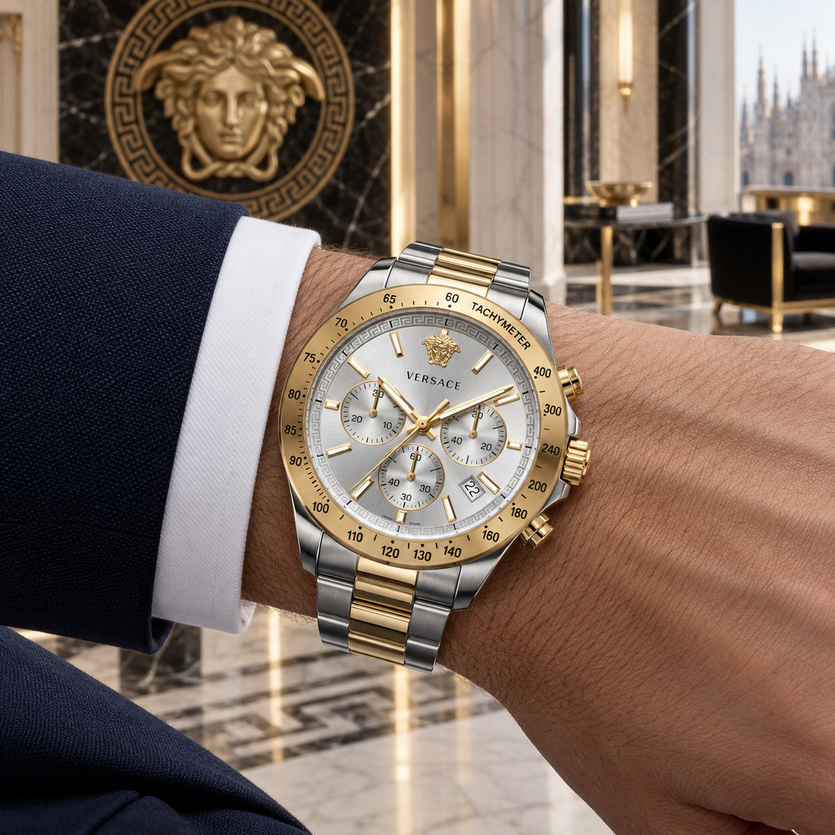 Versace Hellenyium Chronograph Men's Watch – Silver / Two-Tone 44 mm – VE2U00422