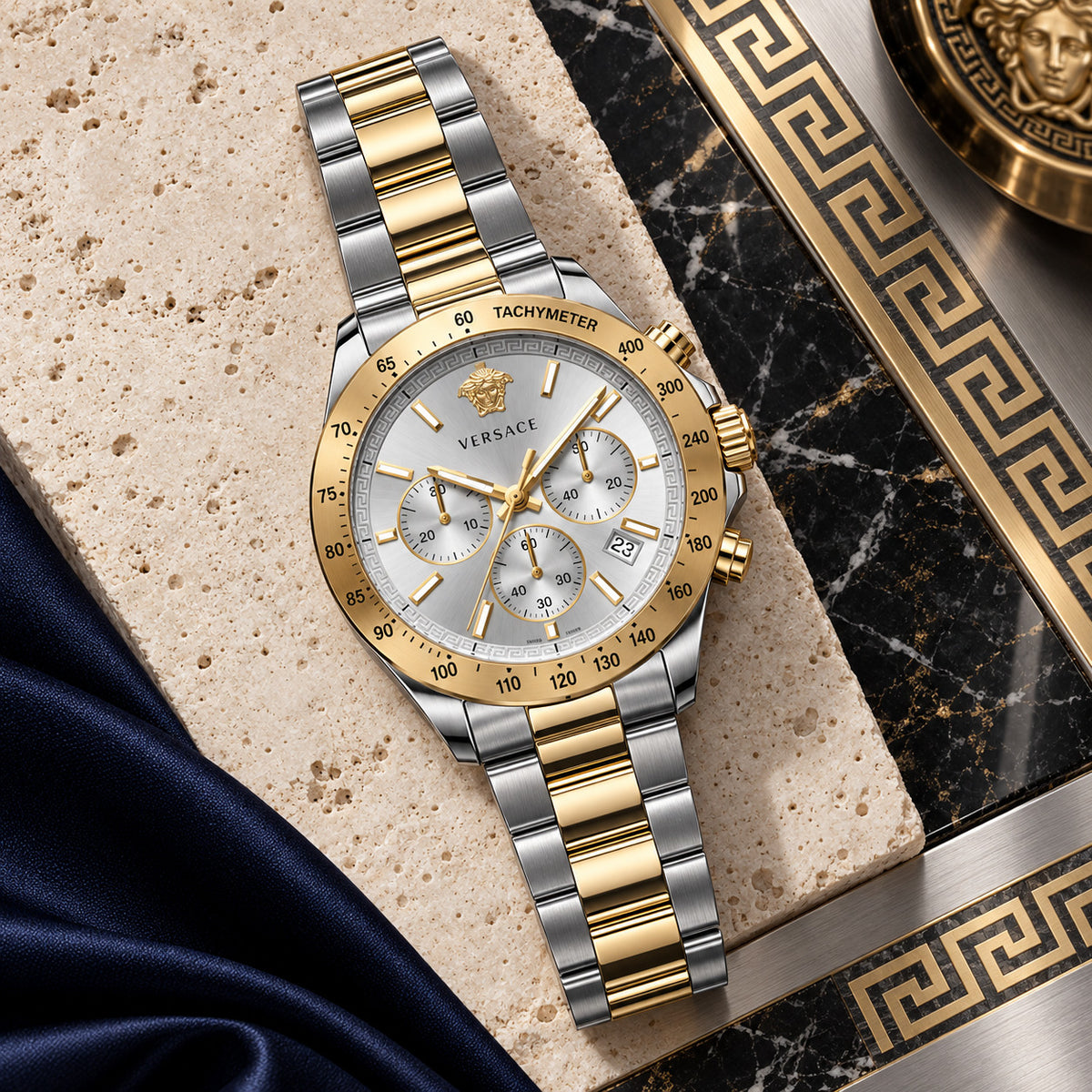 Versace Hellenyium Chronograph Men's Watch – Silver / Two-Tone 44 mm – VE2U00422