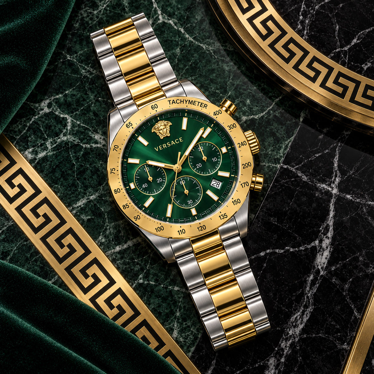 Versace Hellenyium Chronograph Men's Watch – Green / Two-Tone 44 mm – VE2U00522