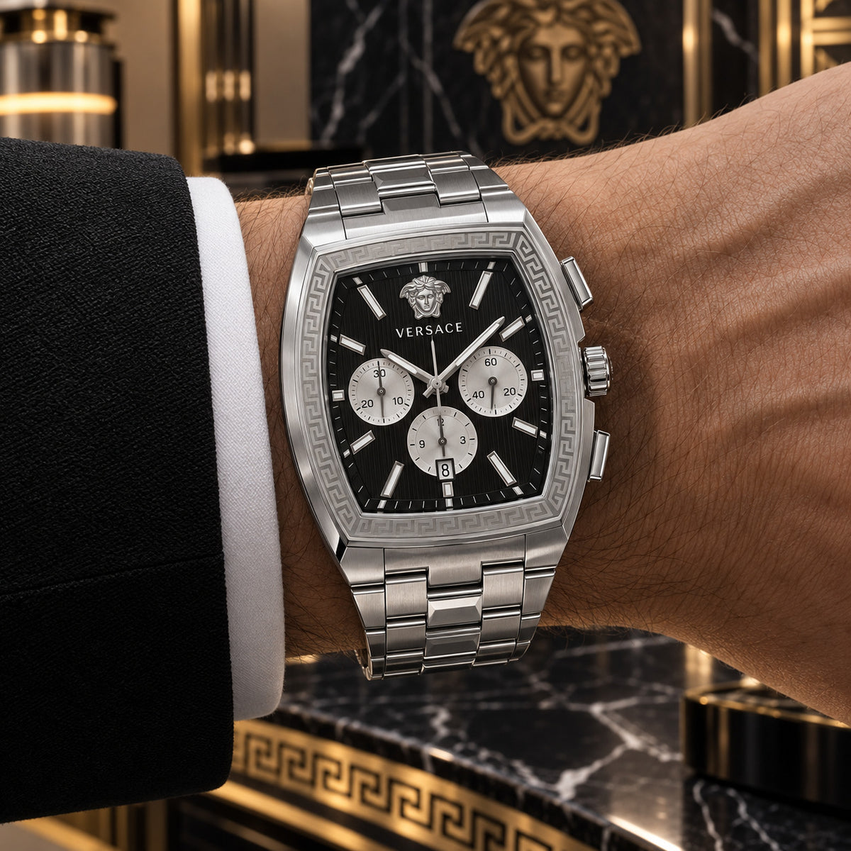 Versace Dominus Chronograph Men's Watch – Black / Silver 42 mm – VE6H00925