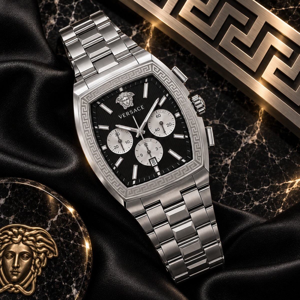 Versace Dominus Chronograph Men's Watch – Black / Silver 42 mm – VE6H00925