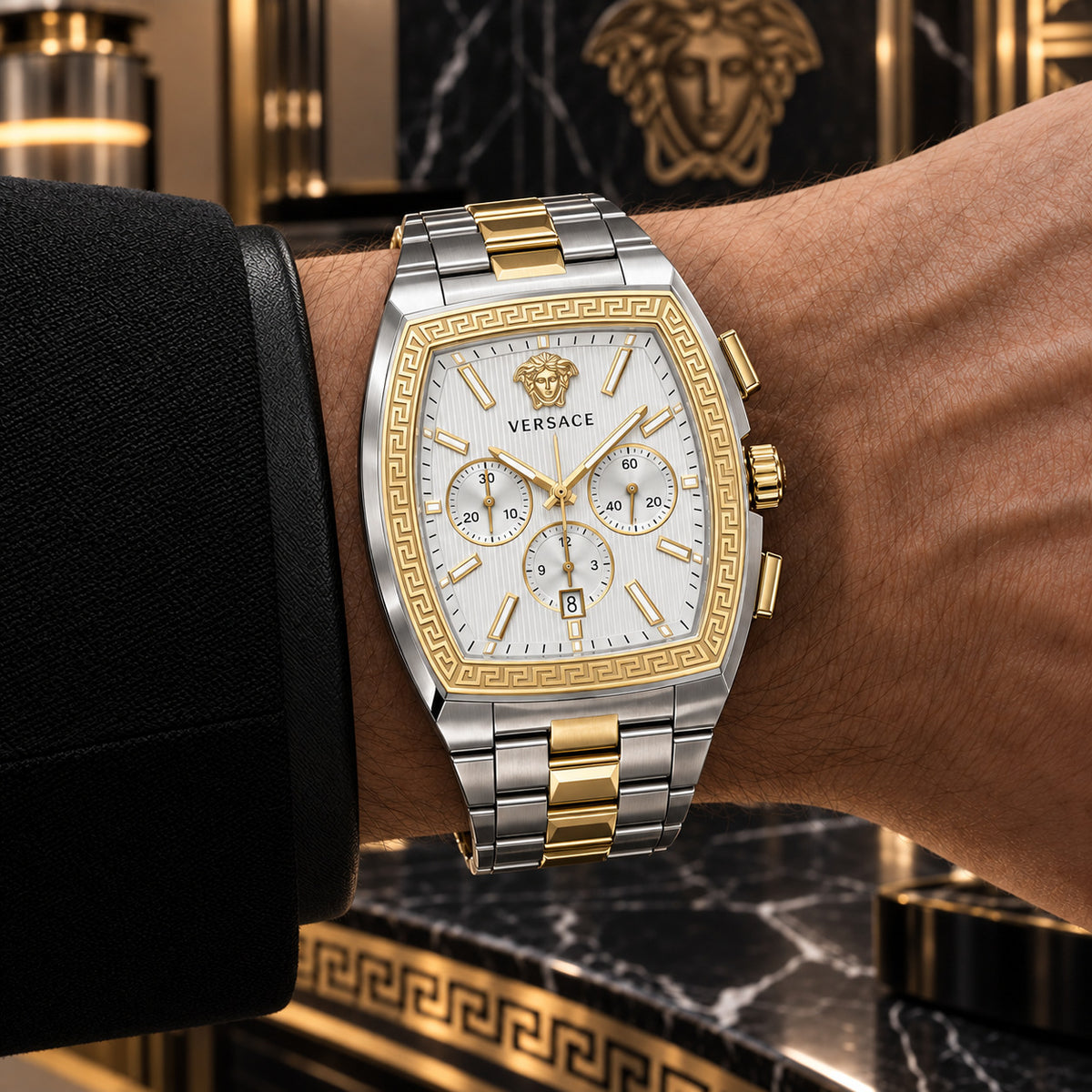 Versace Dominus Chronograph Men's Watch – Silver / Two-Tone 42 mm – VE6H01025