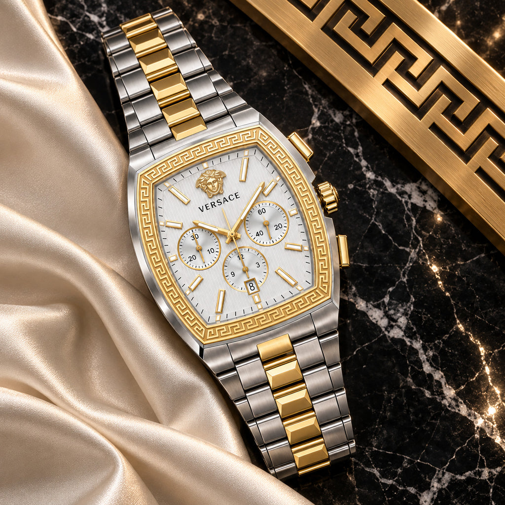 Versace Dominus Chronograph Men's Watch – Silver / Two-Tone 42 mm – VE6H01025