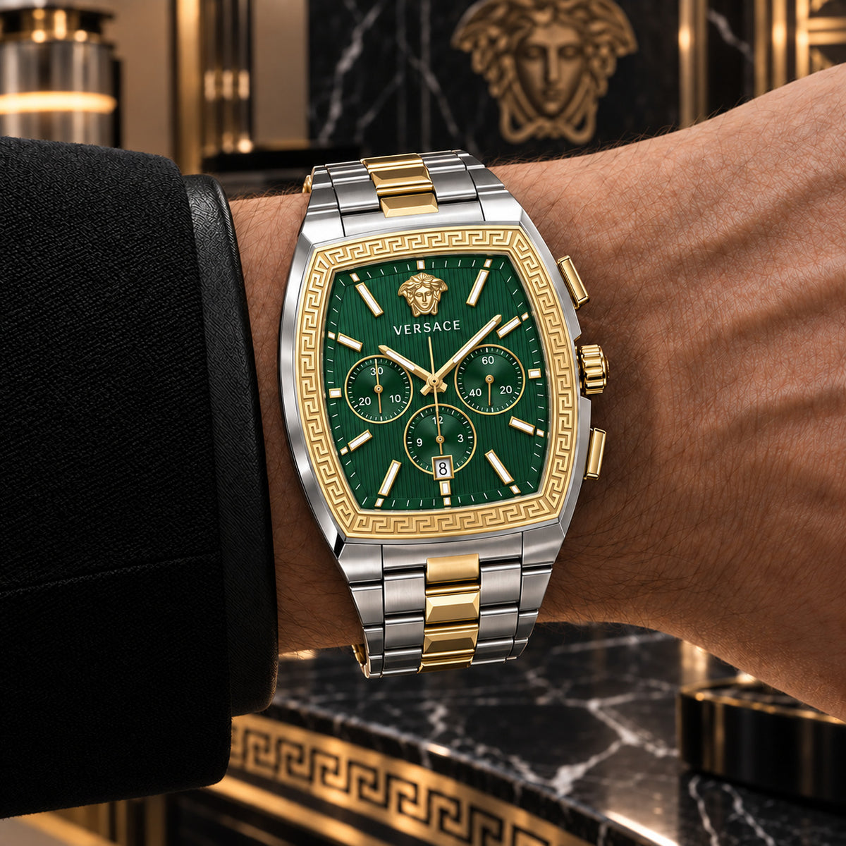 Versace Dominus Chronograph Men's Watch – Green / Two-Tone 42 mm – VE6H01125
