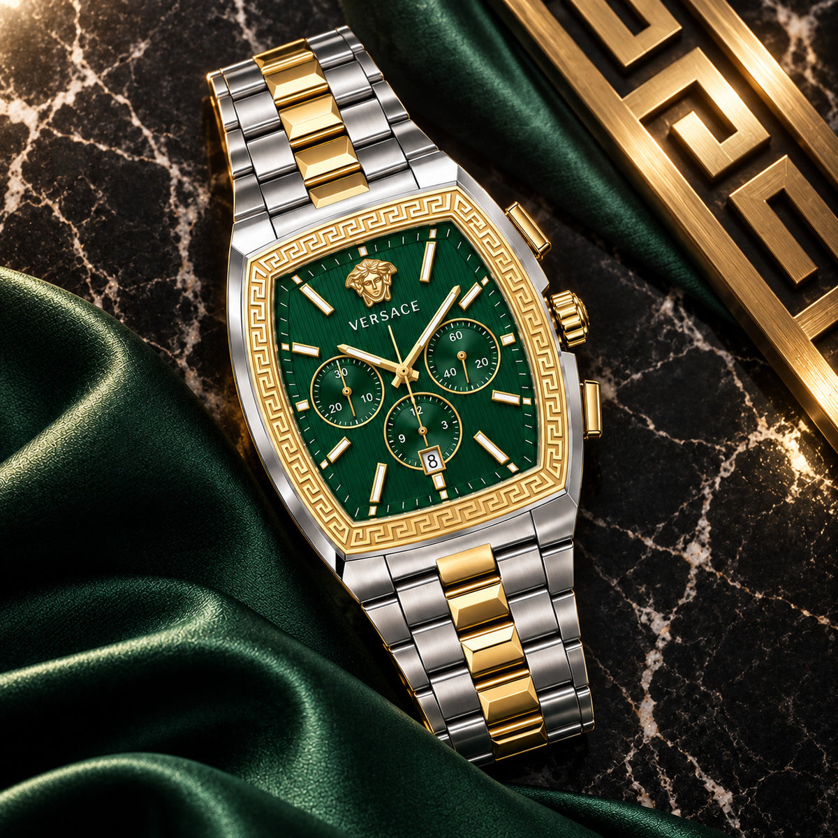 Versace Dominus Chronograph Men's Watch – Green / Two-Tone 42 mm – VE6H01125
