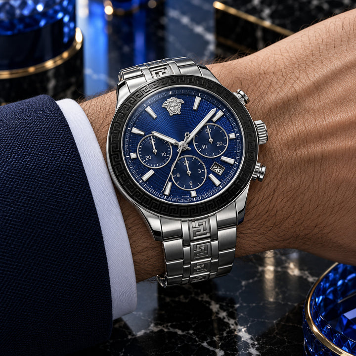 Versace Greca Dome Chronograph Men's Watch – Blue / Silver 43 mm – VE6K00323