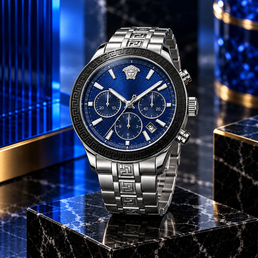 Versace Greca Dome Chronograph Men's Watch – Blue / Silver 43 mm – VE6K00323