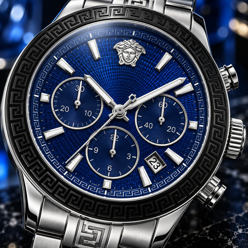 Versace Greca Dome Chronograph Men's Watch – Blue / Silver 43 mm – VE6K00323