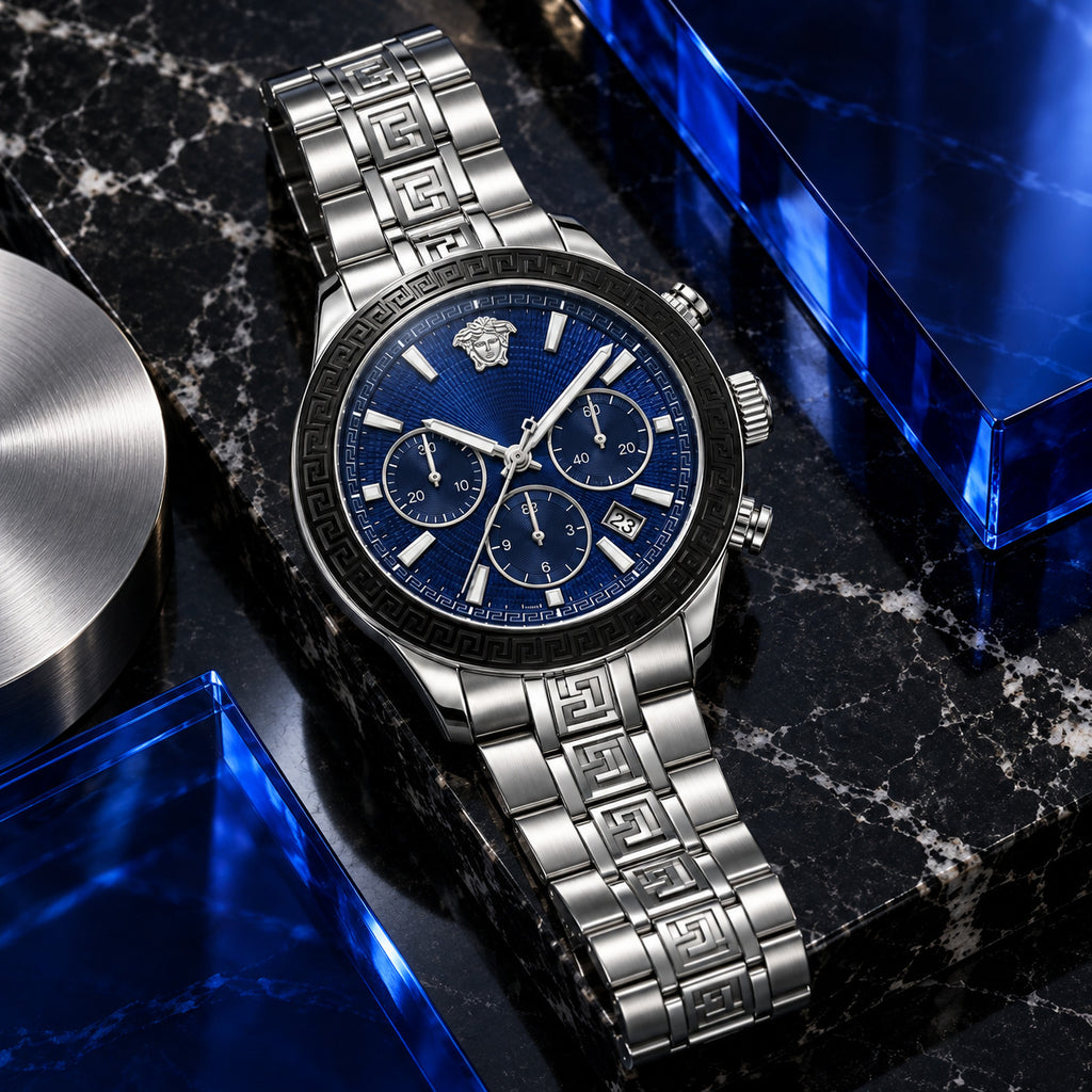 Versace Greca Dome Chronograph Men's Watch – Blue / Silver 43 mm – VE6K00323