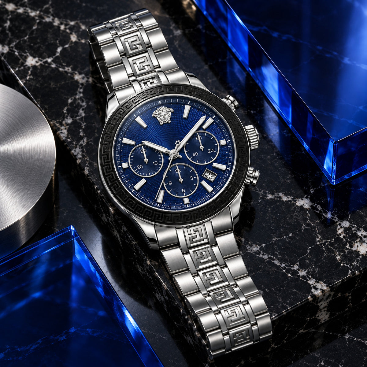 Versace Greca Dome Chronograph Men's Watch – Blue / Silver 43 mm – VE6K00323