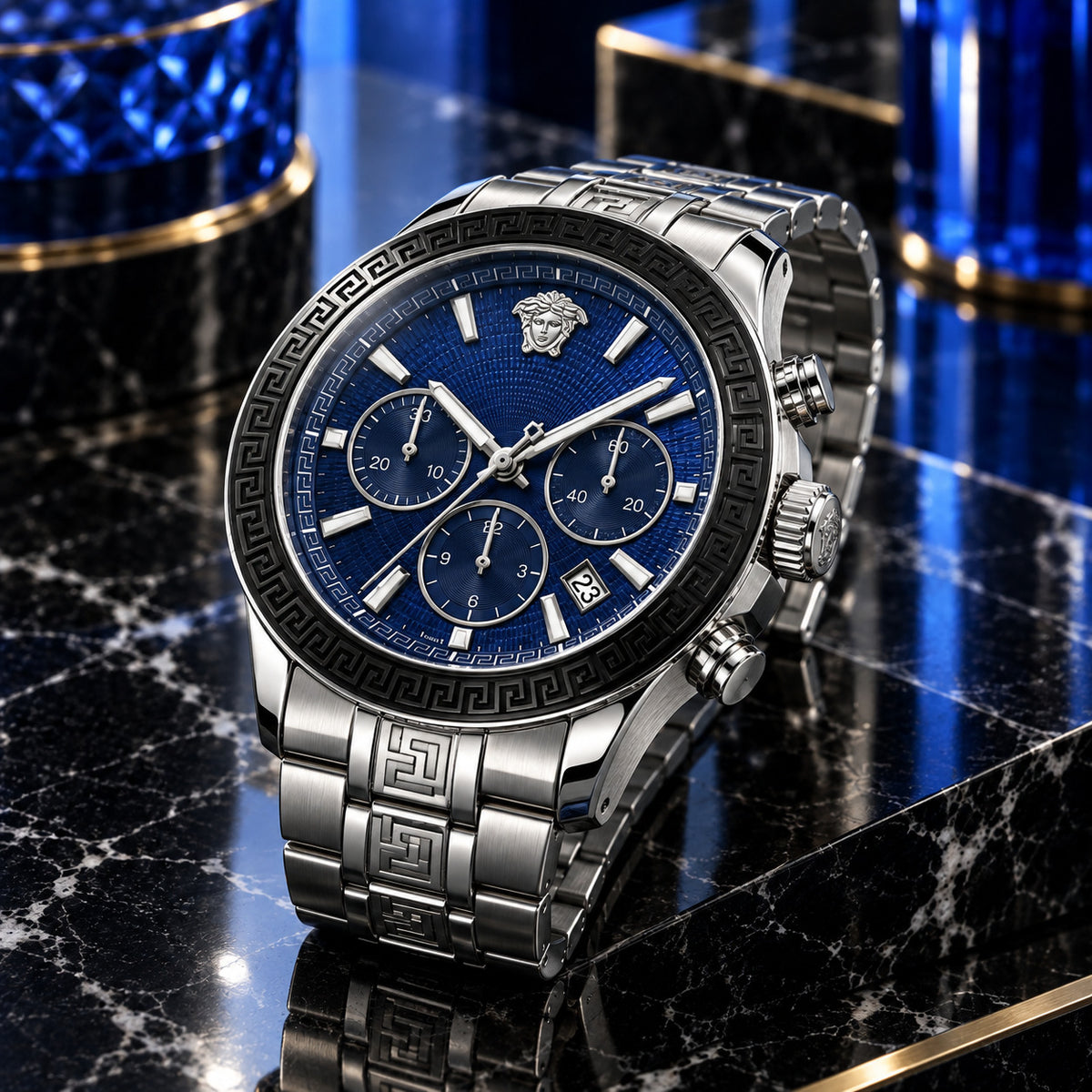 Versace Greca Dome Chronograph Men's Watch – Blue / Silver 43 mm – VE6K00323