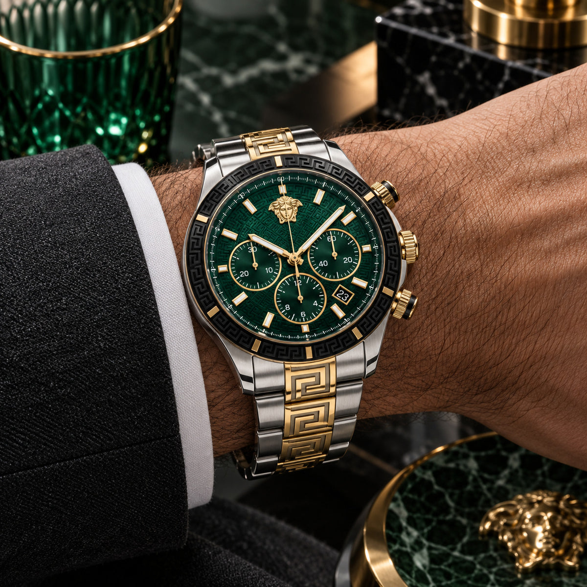 Versace Greca Dome Chronograph Men's Watch – Green / Two-Tone 43 mm – VE6K00423