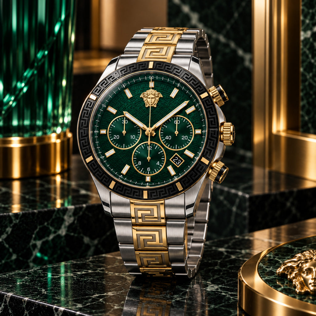 Versace Greca Dome Chronograph Men's Watch – Green / Two-Tone 43 mm – VE6K00423