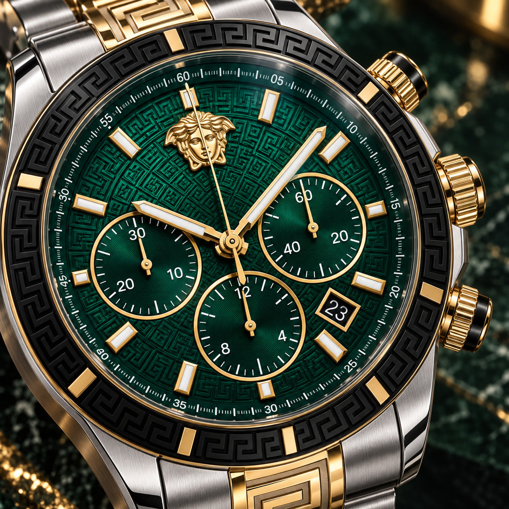 Versace Greca Dome Chronograph Men's Watch – Green / Two-Tone 43 mm – VE6K00423