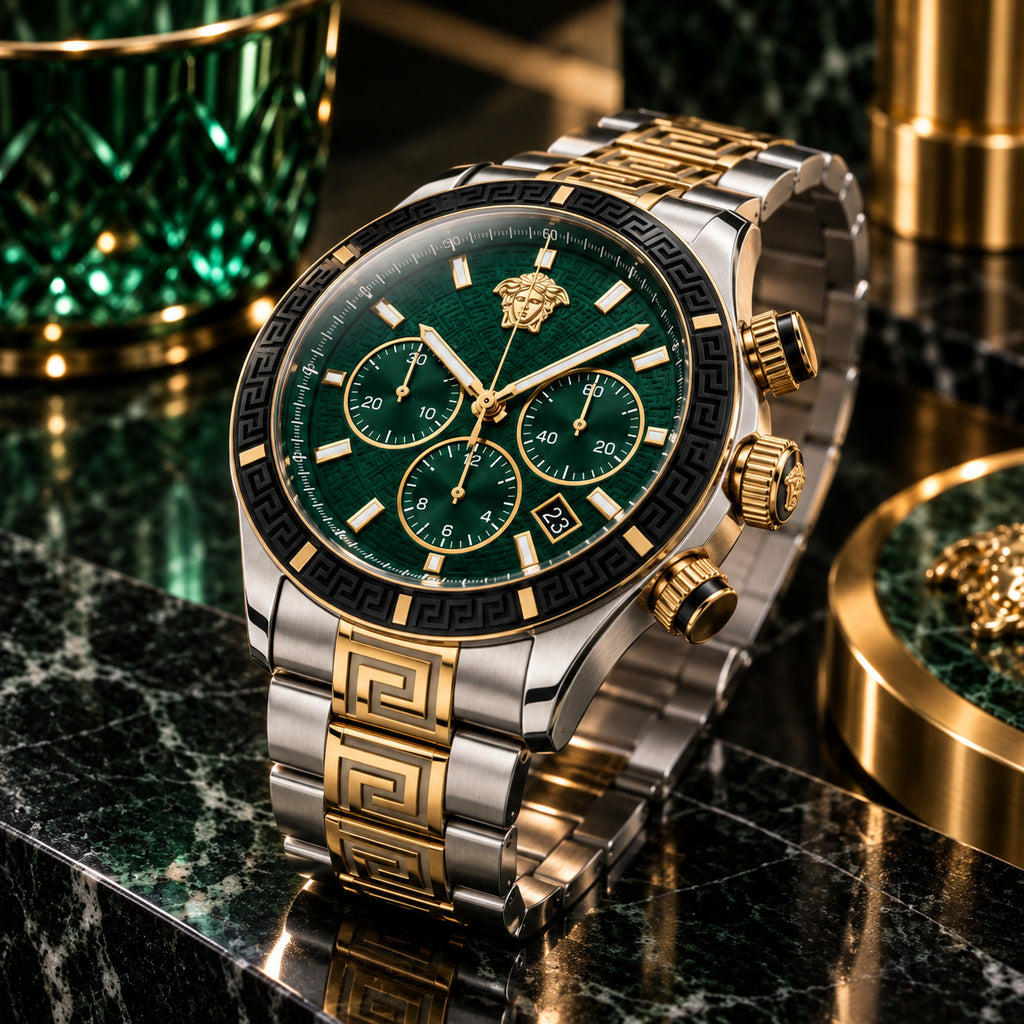 Versace Greca Dome Chronograph Men's Watch – Green / Two-Tone 43 mm – VE6K00423