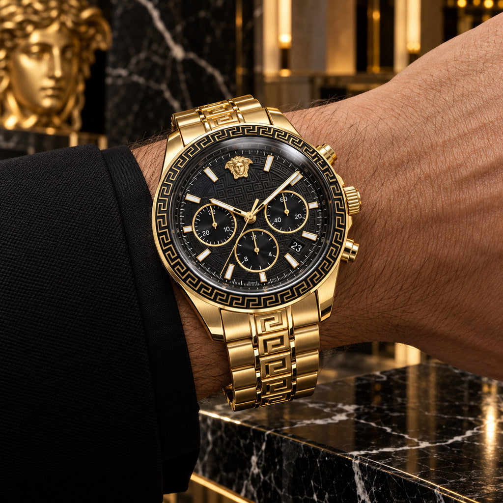 Versace Greca Dome Chronograph Men's Watch – Black / Gold 43 mm – VE6K00523