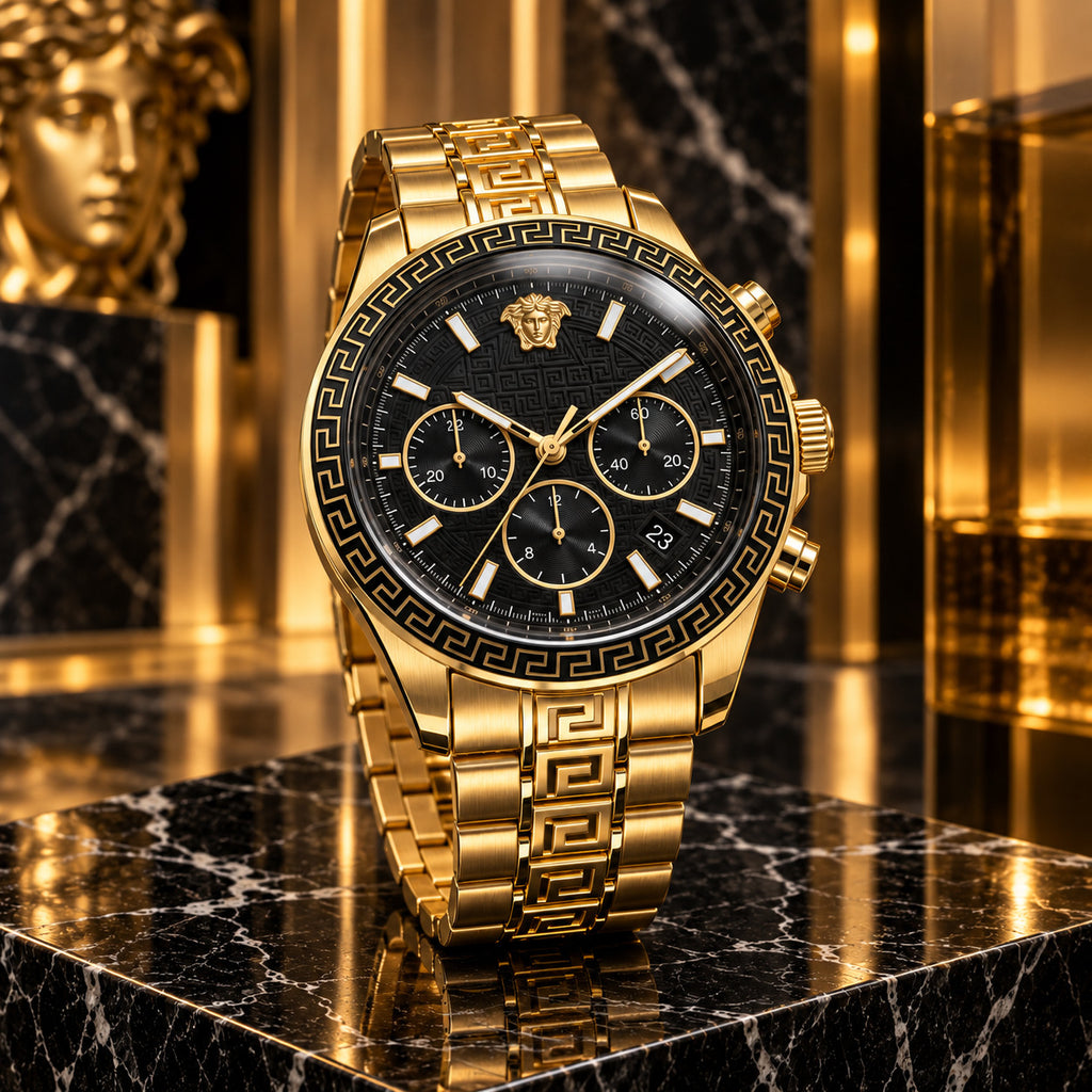 Versace Greca Dome Chronograph Men's Watch – Black / Gold 43 mm – VE6K00523