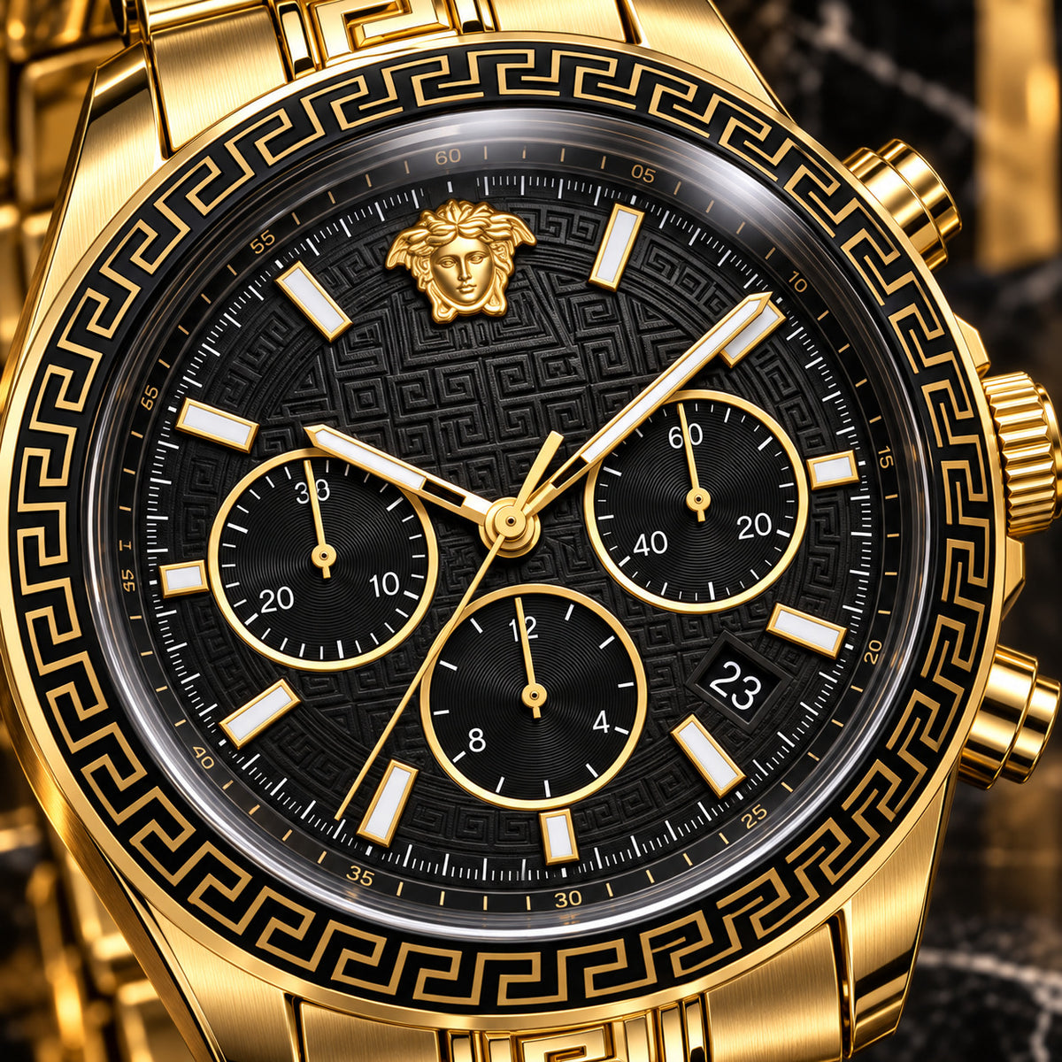 Versace Greca Dome Chronograph Men's Watch – Black / Gold 43 mm – VE6K00523