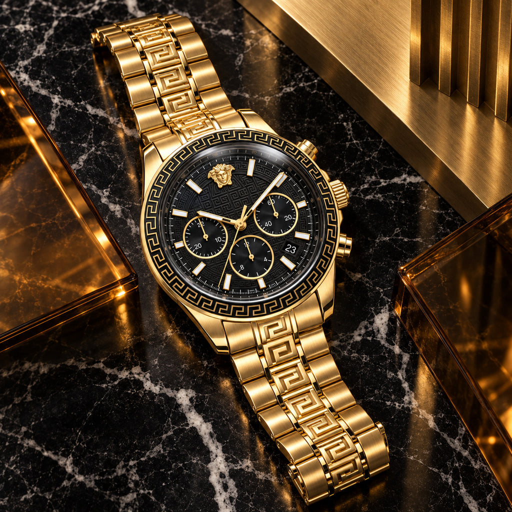 Versace Greca Dome Chronograph Men's Watch – Black / Gold 43 mm – VE6K00523