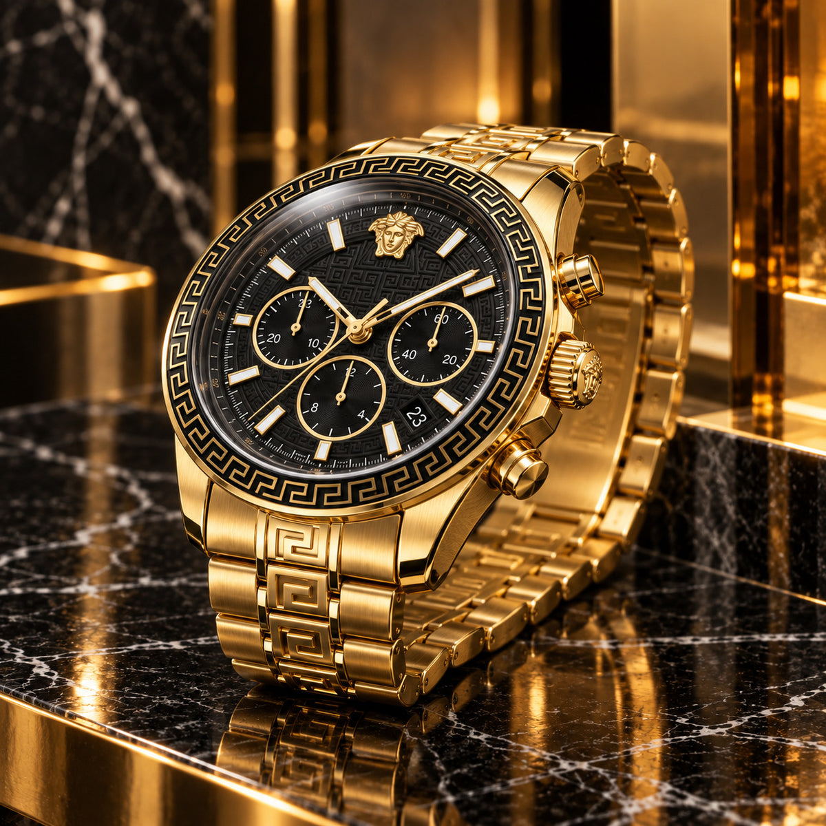 Versace Greca Dome Chronograph Men's Watch – Black / Gold 43 mm – VE6K00523