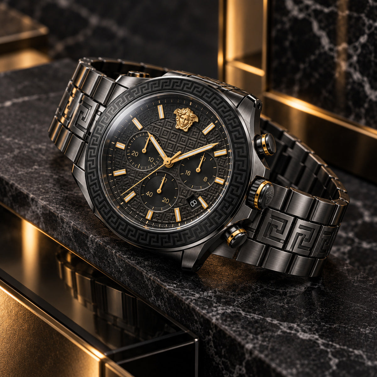 Versace Greca Dome Chronograph Men's Watch – Black / Gunmetal 43 mm – VE6K00623