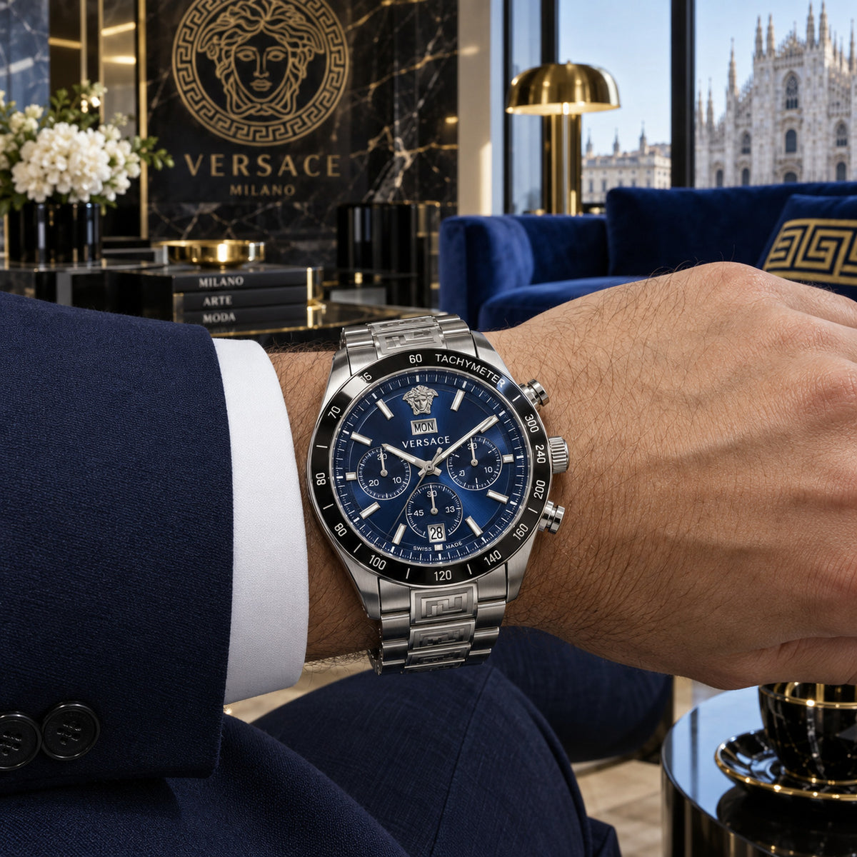 Versace Greca Extreme Chronograph Men's Watch – Blue / Silver 45 mm – VE7H00423