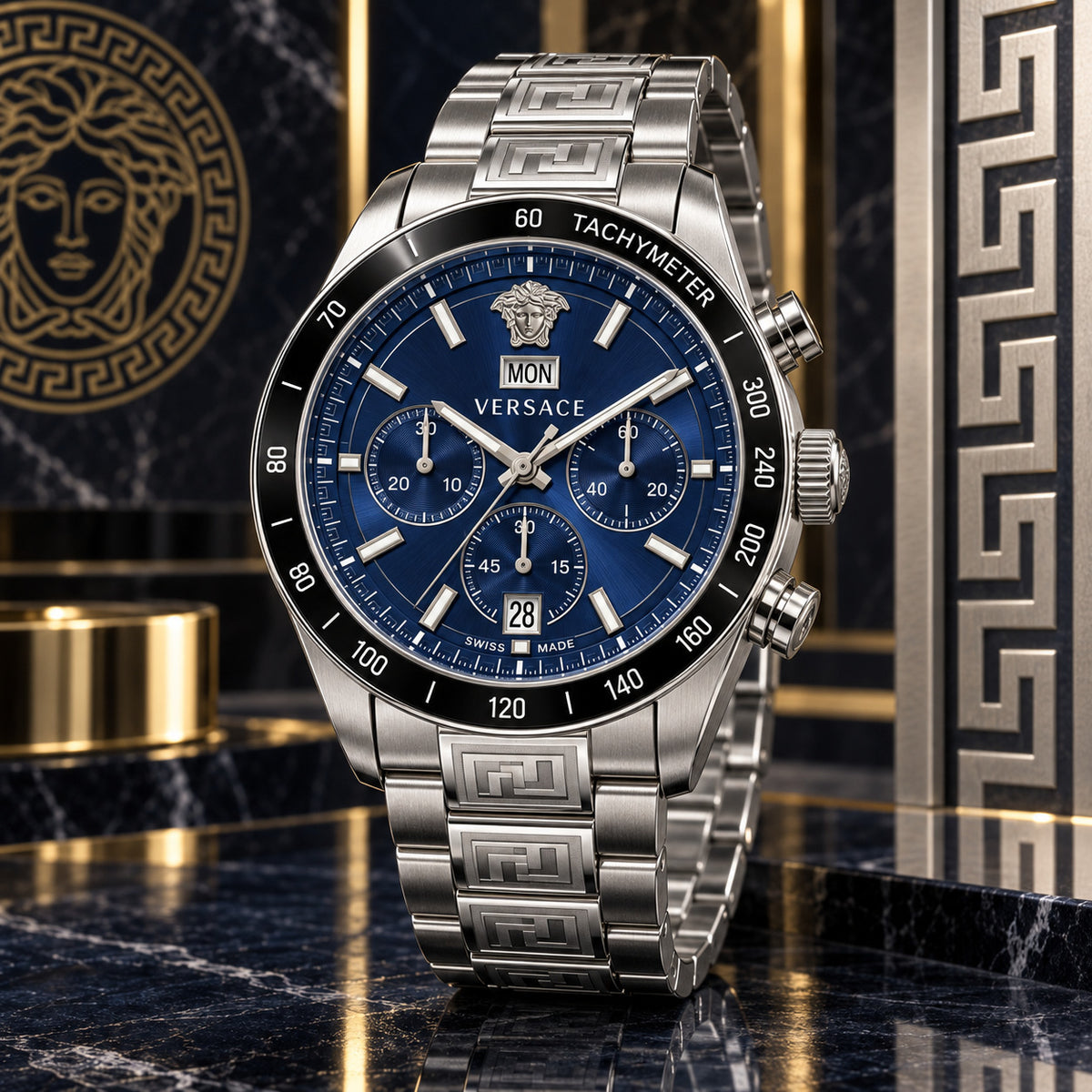 Versace Greca Extreme Chronograph Men's Watch – Blue / Silver 45 mm – VE7H00423