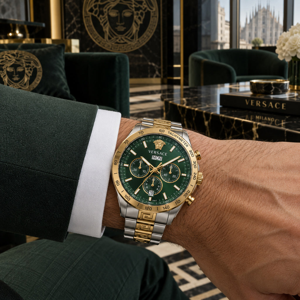 Versace Greca Extreme Chronograph Men's Watch – Green / Two-Tone 45 mm – VE7H00523