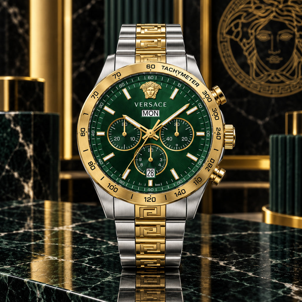 Versace Greca Extreme Chronograph Men's Watch – Green / Two-Tone 45 mm – VE7H00523
