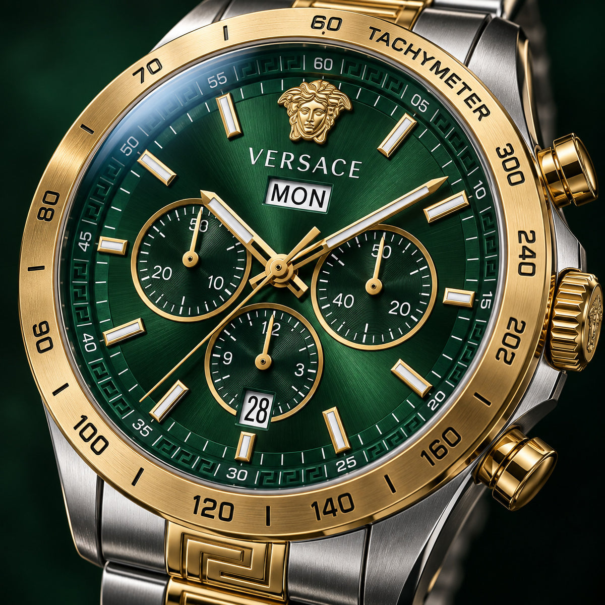 Versace Greca Extreme Chronograph Men's Watch – Green / Two-Tone 45 mm – VE7H00523
