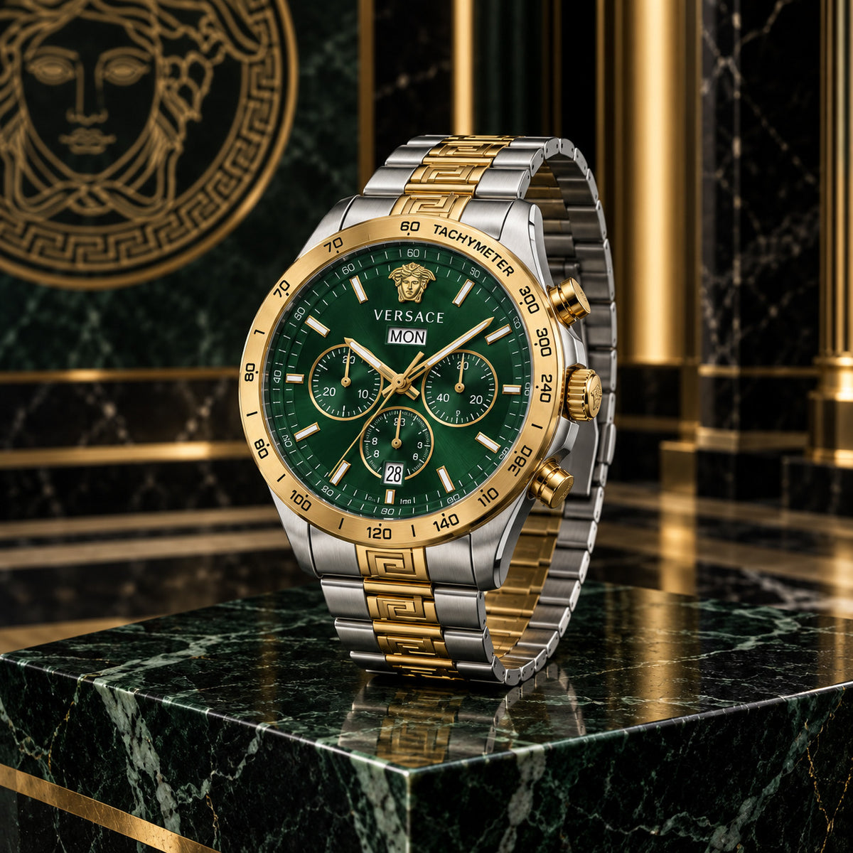 Versace Greca Extreme Chronograph Men's Watch – Green / Two-Tone 45 mm – VE7H00523