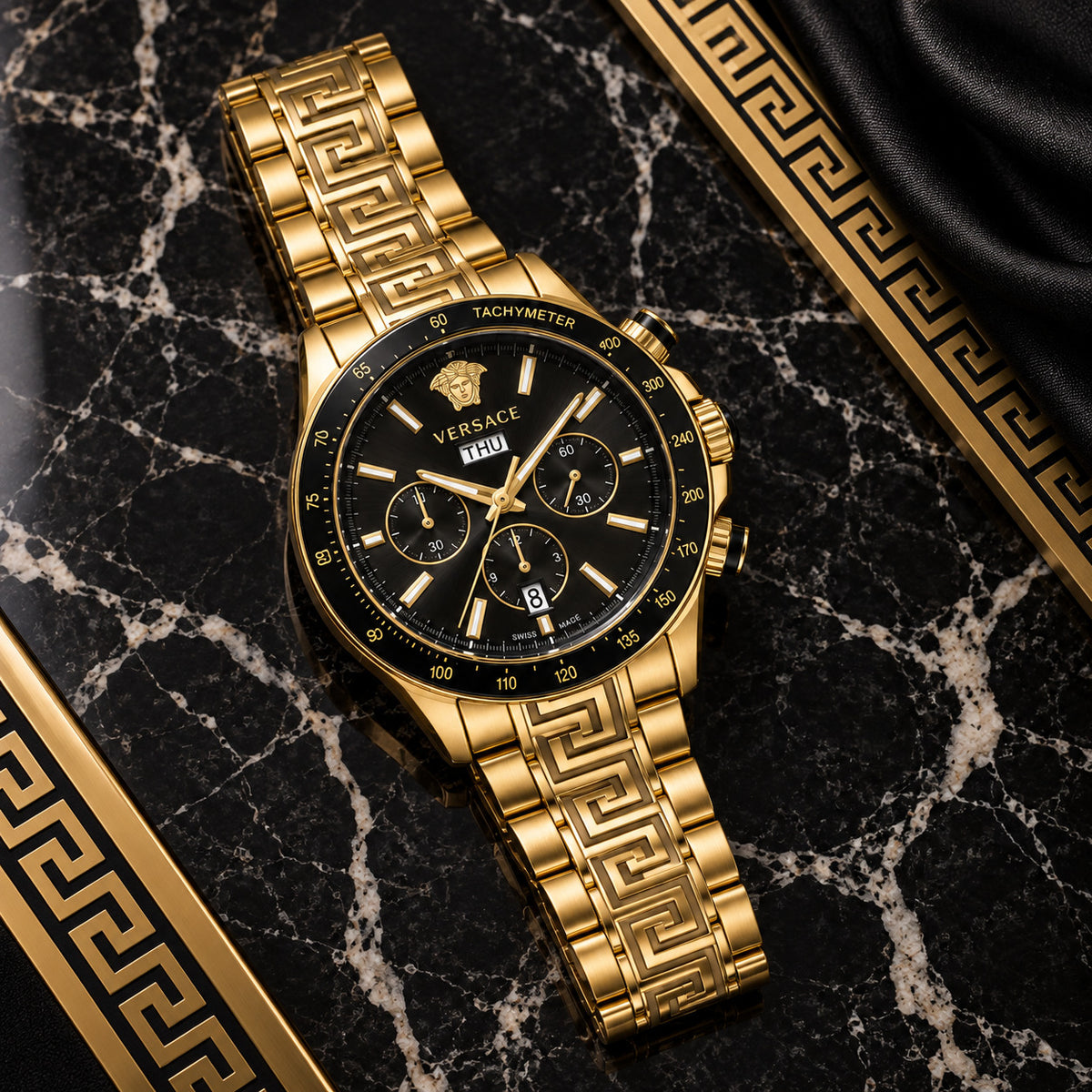 Versace Greca Extreme Chronograph Men's Watch – Black / Gold 45 mm – VE7H00623