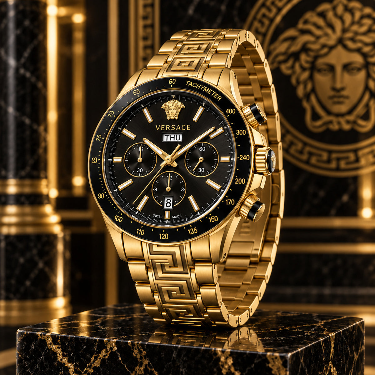 Versace Greca Extreme Chronograph Men's Watch – Black / Gold 45 mm – VE7H00623