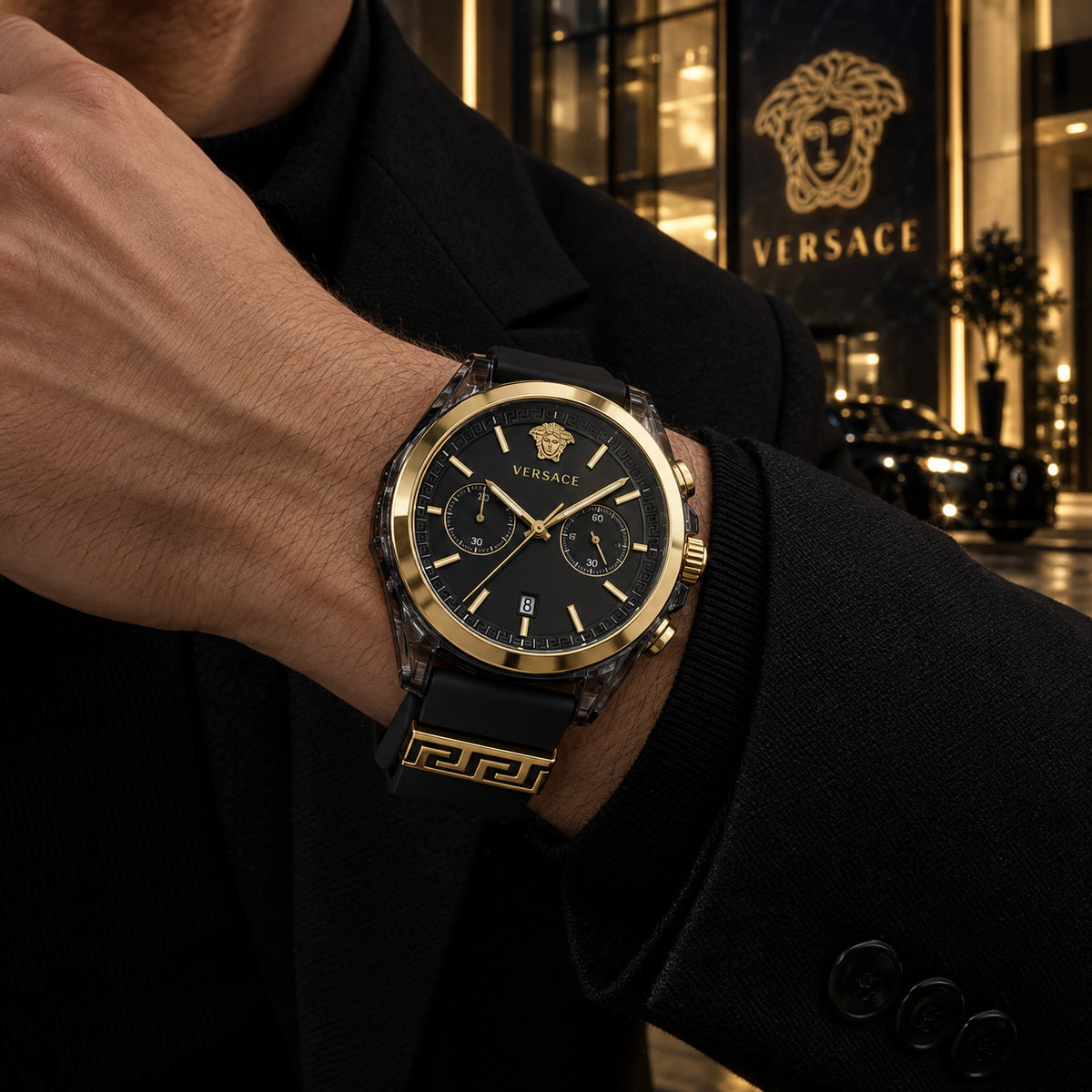 Versace Icon Active Chronograph Men's Watch – Black / Gold 44 mm – VE8P00724