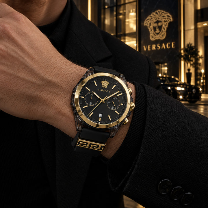 Versace Icon Active Chronograph Men's Watch – Black / Gold 44 mm – VE8P00724
