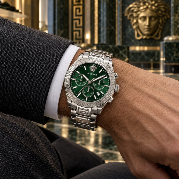 Versace Greca Logo Chronograph Men's Watch – Green / Silver 43 mm – VEZ900121
