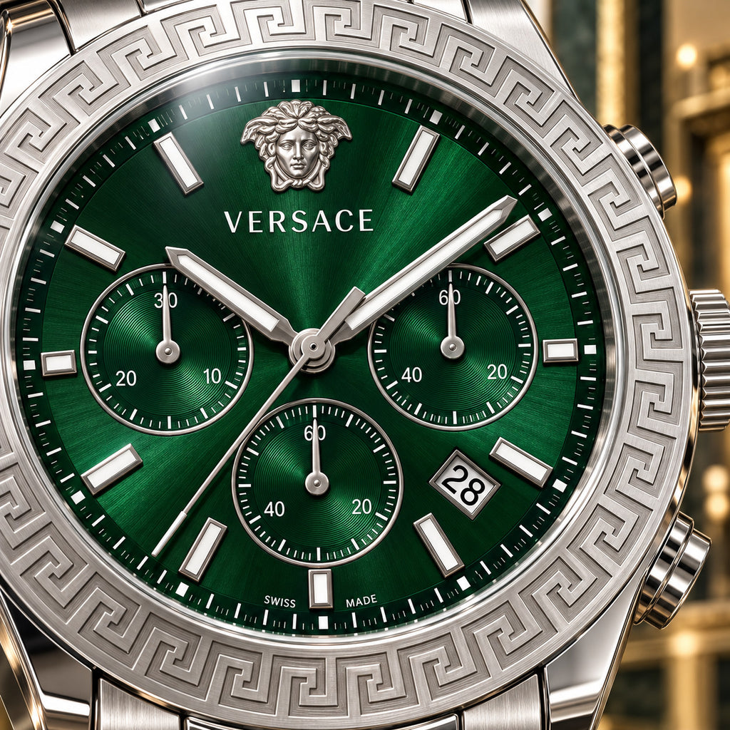 Versace Greca Logo Chronograph Men's Watch – Green / Silver 43 mm – VEZ900121