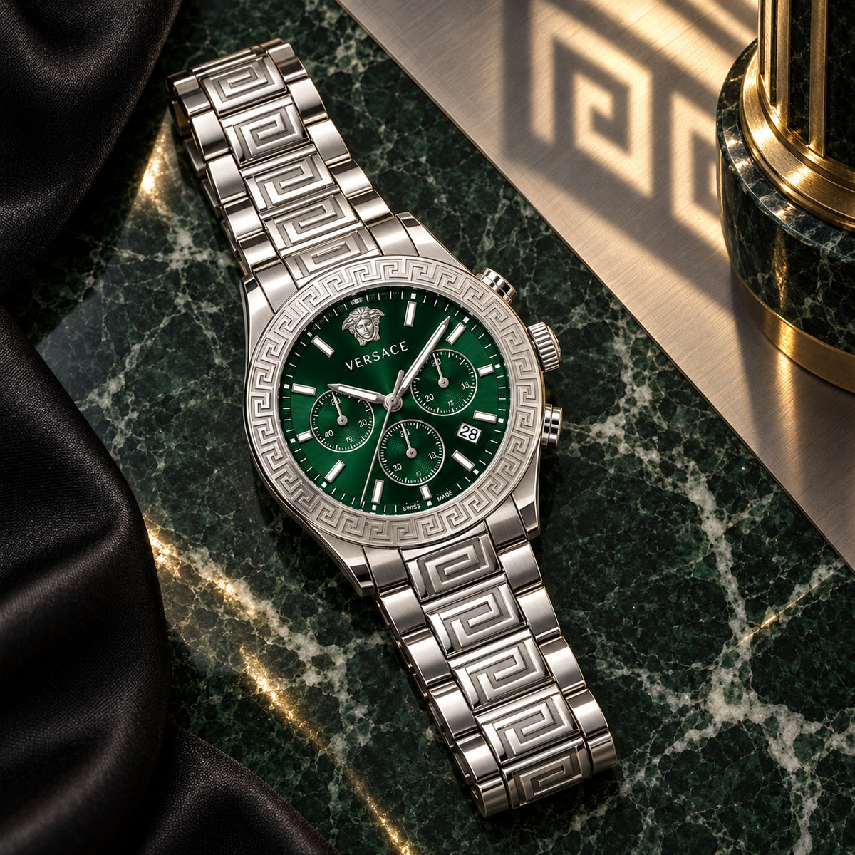 Versace Greca Logo Chronograph Men's Watch – Green / Silver 43 mm – VEZ900121