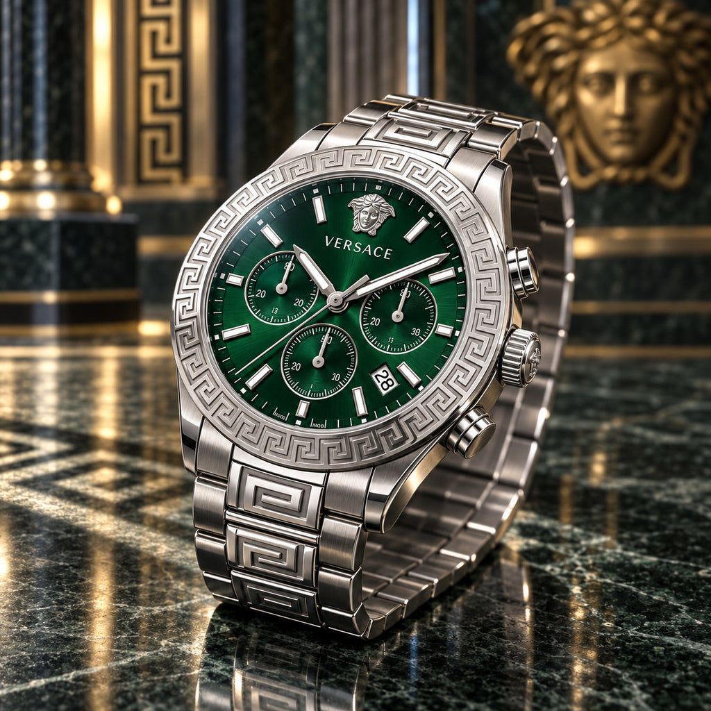 Versace Greca Logo Chronograph Men's Watch – Green / Silver 43 mm – VEZ900121