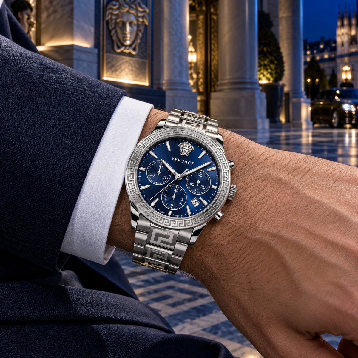 Versace Greca Logo Chronograph Men's Watch – Blue / Silver 43 mm – VEZ900221