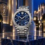 Versace Greca Logo Chronograph Men's Watch – Blue / Silver 43 mm – VEZ900221