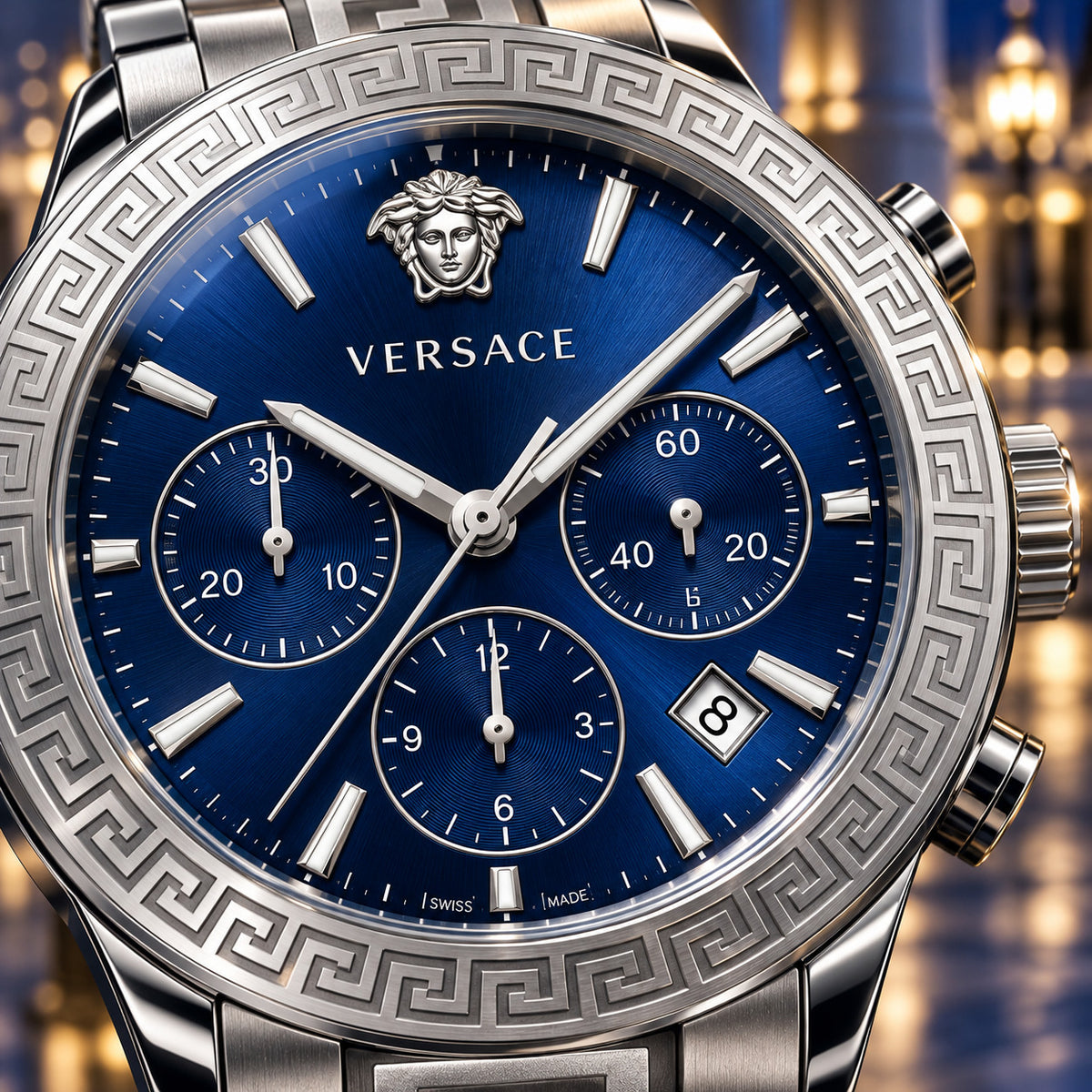 Versace Greca Logo Chronograph Men's Watch – Blue / Silver 43 mm – VEZ900221