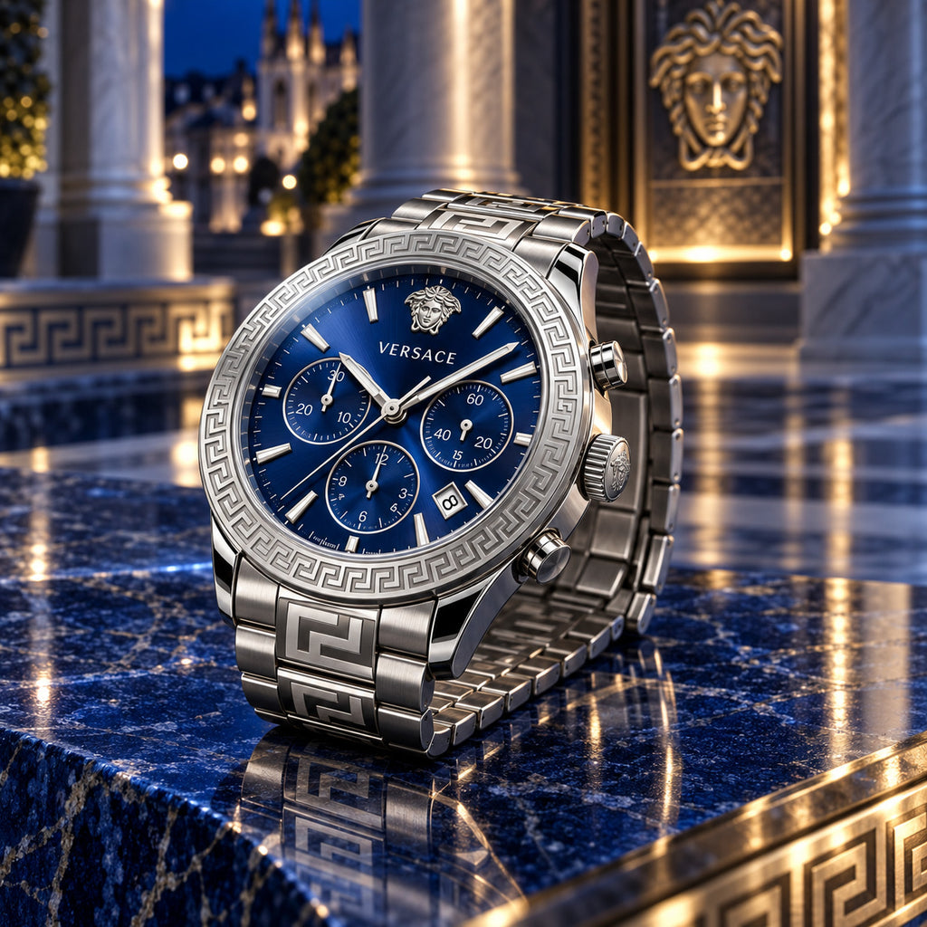 Versace Greca Logo Chronograph Men's Watch – Blue / Silver 43 mm – VEZ900221