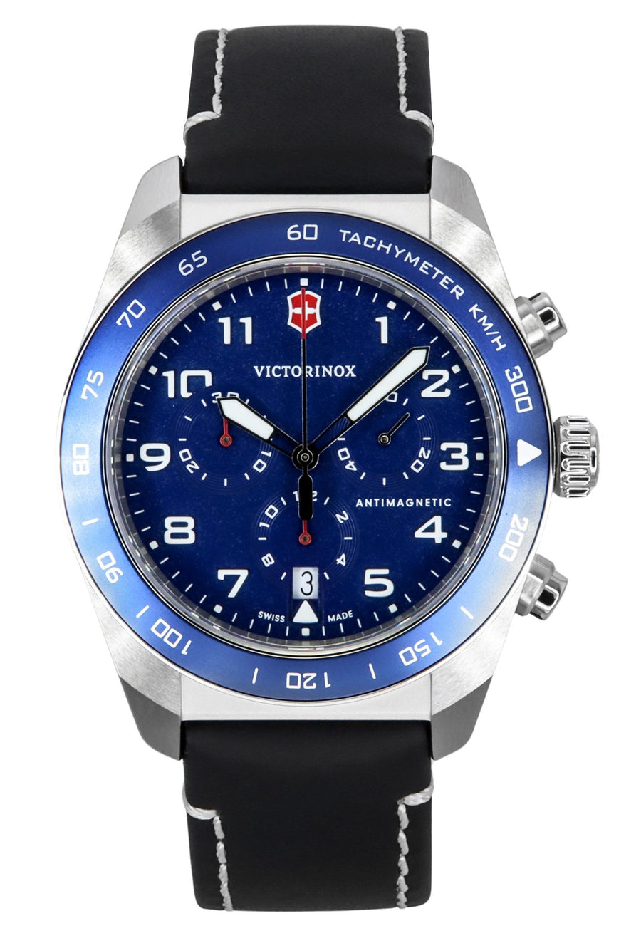 Victorinox Swiss Army Chronograph Lederarmband Blaues Zifferblatt Quarz 242047 100M Herrenuhr