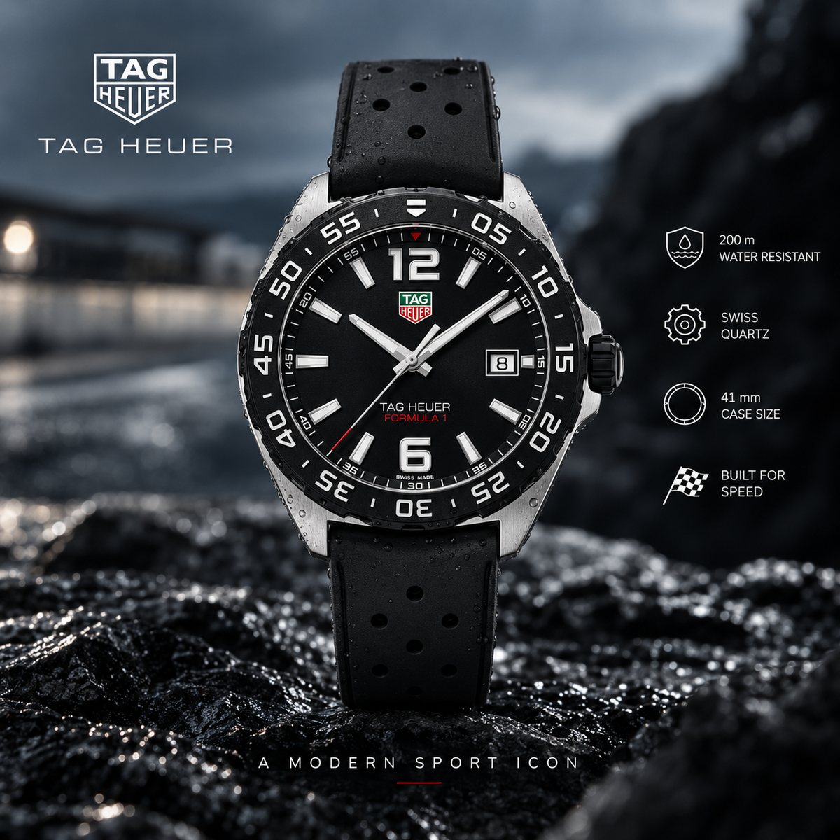TAG Heuer Formula 1 WAZ1110.FT8023 front view - 41 mm quartz black dial rubber strap