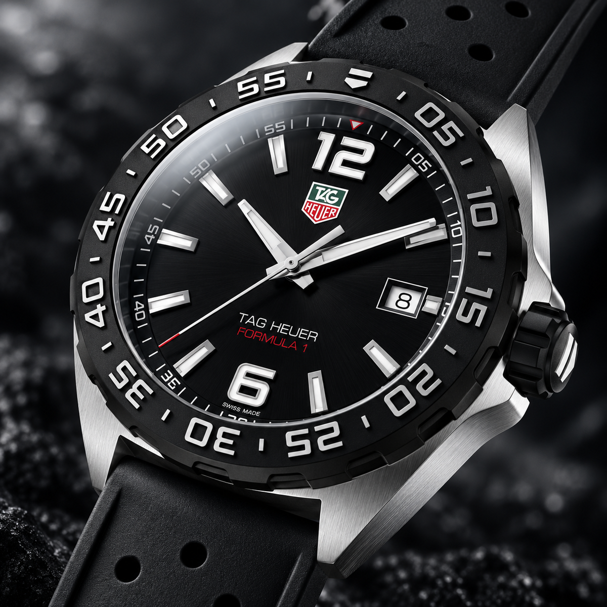 TAG Heuer Formula 1 WAZ1110.FT8023 black dial and bezel macro detail