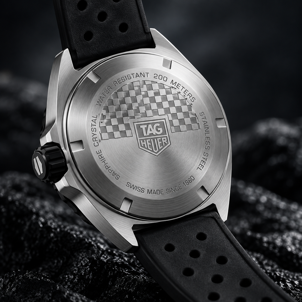 TAG Heuer Formula 1 WAZ1110.FT8023 steel caseback and black rubber strap - styled detail