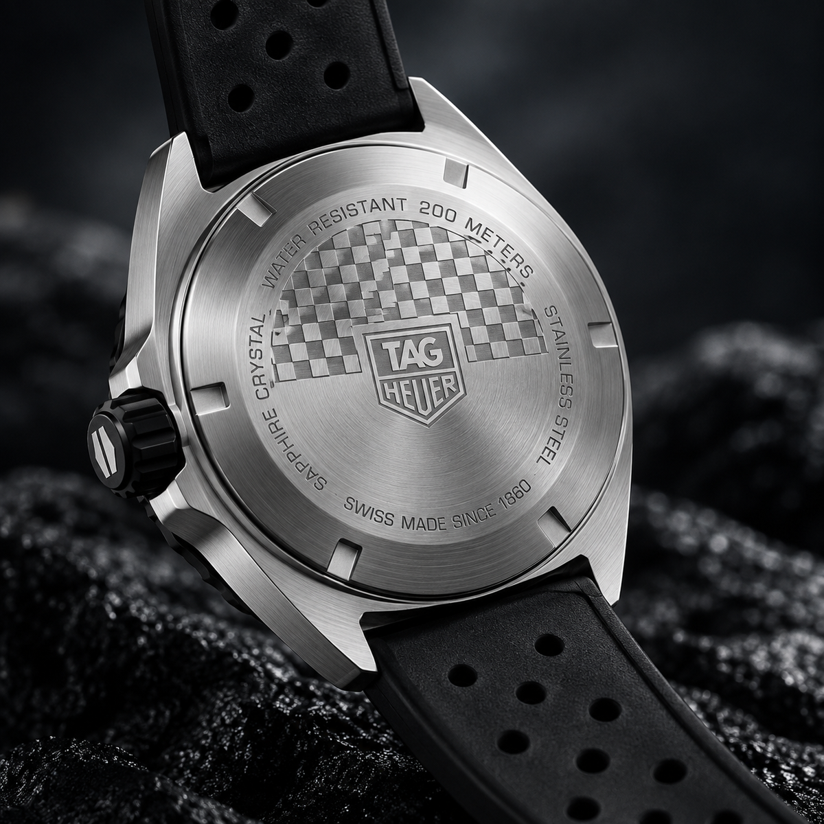 TAG Heuer Formula 1 WAZ1110.FT8023 steel caseback and black rubber strap - styled detail